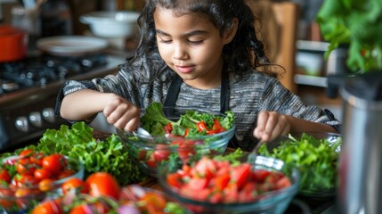 Young Girl Preparing Salad in Kitchen