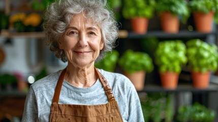Older Woman Standing Among Potted Plants