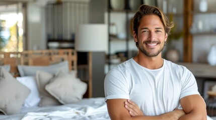 Fototapeta premium Man With Arms Crossed Standing by Bed