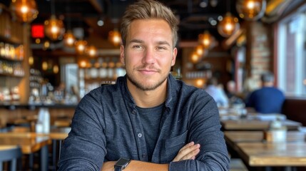 Obraz premium Man Sitting at Table With Crossed Arms