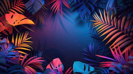 Tropical plants in neon colors on a dark background. The work design has a gap in the middle. Art in Miami style The bright color blocks of tropical leaves and shadows are colorful and lively.