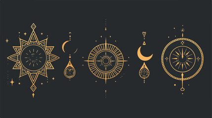 Linear bohemian logo set of boho icons - mandala sun
