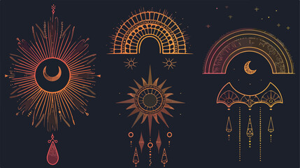 Linear bohemian logo set of boho icons - mandala sun