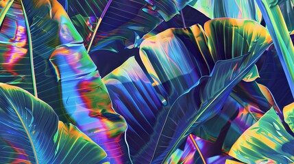 Abstract foliage and botanical background. Exotic plants background for banner, prints, decor, wall art. digital art, variegated trippy glowing textured leaves, vibrant colours