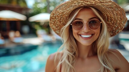 Woman Wearing Straw Hat and Sunglasses
