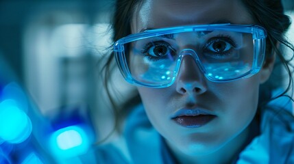 Female pharmacist in protective gear, overseeing drug testing with digital tools, highlighting automation and quality control.