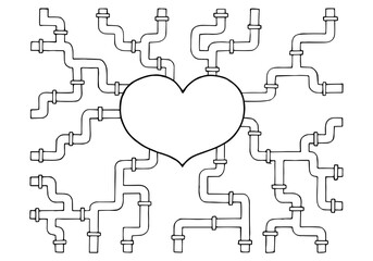 The heart to which the connected vessels look like pipes. Cardiovascular system. Freehand drawing. Doodle. Hand Drawn. Outline.	