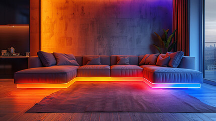 glowing neon-accented minimalist sofa, modern living room with neon patterns