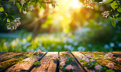 Spring Nature Scene: Wooden Table Outdoors, Green Foliage, Flowering Branches, Garden Sunlight Backdrop