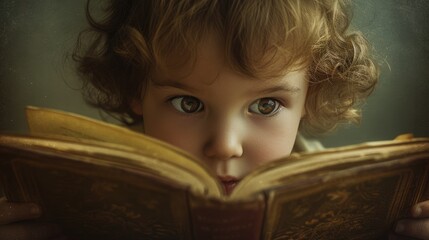 Close up of attractive child reading a book while looking at camera. Elementary student holding fairy tale novel book or bedtime stories with blurring background. Creative activity concept. AIG42. © InfiniteFlow