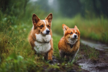 A couple of dogs, one brown and one white, walking alongside each other in a green grassy field on...