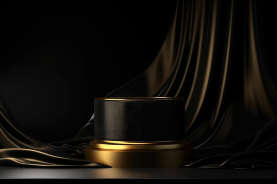 A black and gold podium stands prominently against a black curtain background