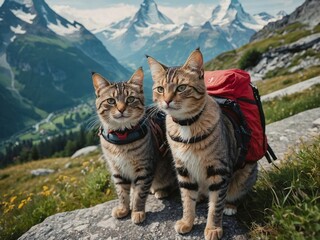 Obraz premium Two happy kittens hiking in Switzerland