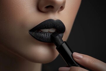 Beautiful woman lips with black lipstick on dark background, closeup, Ai Generated
