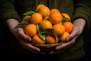 Zesty Mandarin fruits hands. Food winter farm. Generate Ai