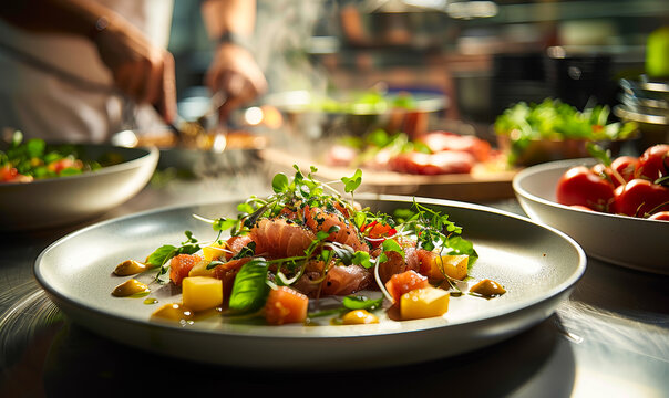 Exclusive Chef Preparing Gourmet Meal in Upscale Commercial Kitchen - Fine Dining Experience, Culinary Artistry