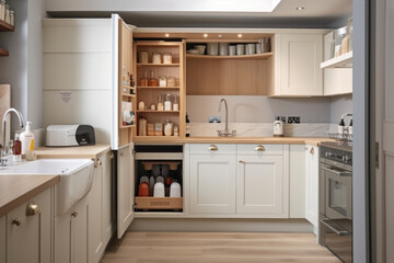 Fototapeta premium A kitchen with numerous white cupboards providing ample storage space. The modern design offers a clean and bright look to the room