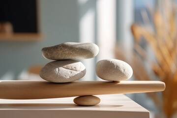 Two rocks balanced on top of each other on a wooden table