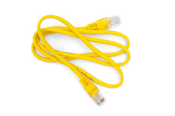 Yellow  ethernet cable on a white background