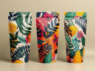 Obraz premium Three vertical pouches adorned with lush tropical fruit and floral designs, featuring bright and natural color palettes.