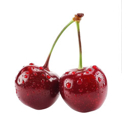 Two Cherries with water drops isolated on transparent background. Clipping path.