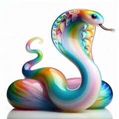 A stunning blown glass sculpture of a playful, cute snake with seamlessly blended rainbow colors, white background