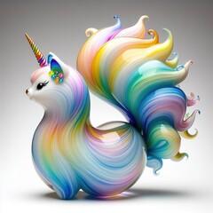 A stunning blown glass sculpture of a playful, cute caticorn with seamlessly blended rainbow colors, white background