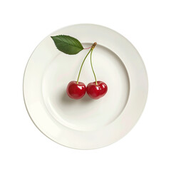 Cherries on a white plate isolated on transparent background. Healthy food.