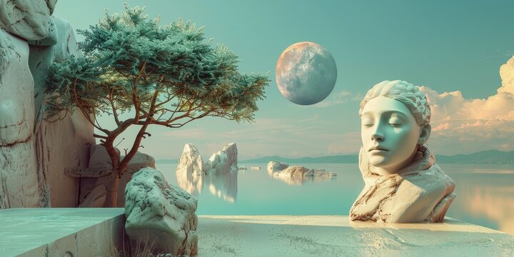 Surreal Scene With Statue and Tree