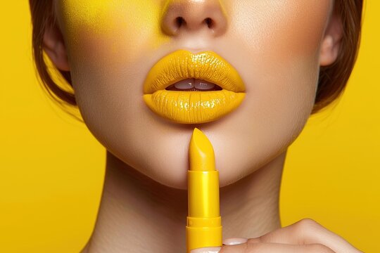 Beautiful woman with yellow lipstick on yellow background, close-up, Ai Generated