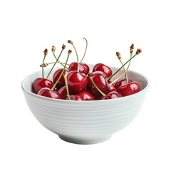 Bowl of fresh cherries isolated on white transparent background. Healthy lifestyle.