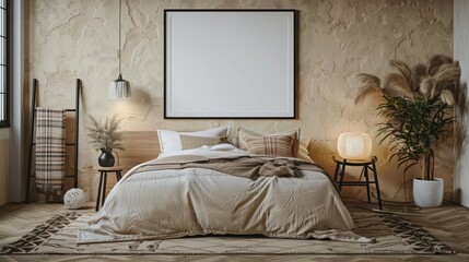 A Cozy Bedroom Interior Setting. Spacious Bed with Beige Bedding, Plaid Accents, Warm Lamp, Wooden Stands, Beige Rug, Textured Stucco Wall