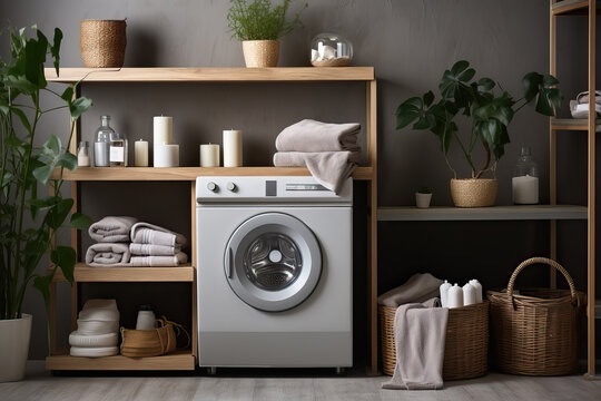 A washer sits next to a dryer in a room, ready for laundry tasks