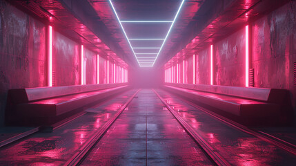 A futuristic, neon-lit tunnel adorned with minimalist sofas, leading to a futuristic city.