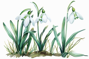Snowdrop flowers bloom among grass on a white background
