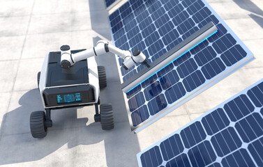 Robot clean solar panels, Automatic robot cleaning solar cell, Renewable energy concept. 3D...
