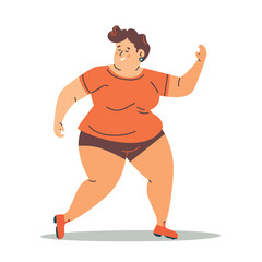 Plus size woman dancing happily, cartoon style confidence joy representation. Curvy female character enjoying dance, active lifestyle illustration. Body positivity concept, cheerful plump lady