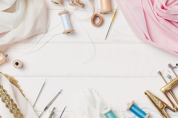  Flat elegant photo of different fabric and sewing tools, sewing accessories, sewing threads, thread spools, needles, pins on the white table with copy space - Powered by Adobe