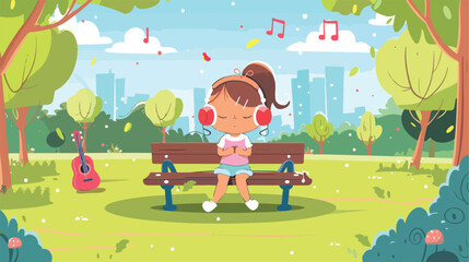 Little girl listening to music in park Vector style Vector