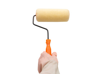 hand cover with glove holding paint roller isolated on transparent background and PNG file