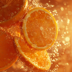 Vibrant Close-Up of Orange Slices and Bubbles in Golden Liquid