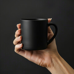 hand holding, mug mockup, black backgrounds, handheld, aerial view, minimalist outlines, large-scale, captivating