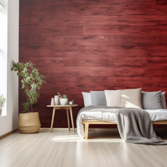 Cozy bedroom design featuring a large bed against an elegant red wooden wall, with natural light