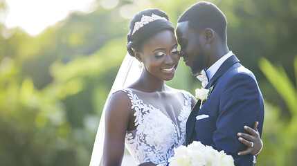 Afro American couple wedding posing green background