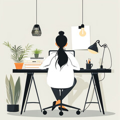 illustration young woman working on computer in office
