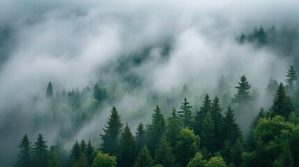 Nature Cloudy Environment fog green tall tree forest mountain background.