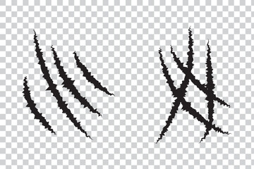 Monster Claw Scratch Set. Bear Nail Mark Collection. Cat or Tiger Talon. Grunge Texture of Wild Animal Attack Trace. Scary Laceration Trail. Abstract Design Element. Isolated Vector Illustration 