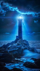 Quantum Lighthouse, beacon casting secure beams across a digital sea, guiding data packets through quantum-resistant encryption algorithms.