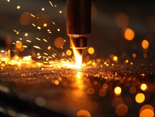 Close-up of a laser cutting through metal, creating a dynamic display of sparks and light.