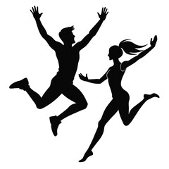 Man and woman jumping silhouettes art